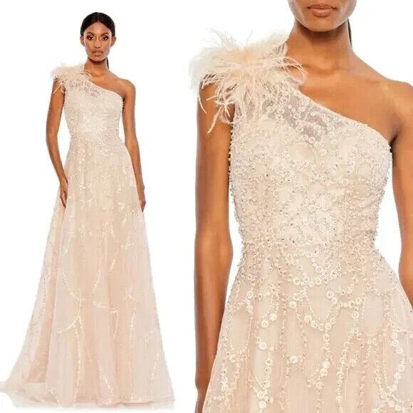 Mac Duggal Embellished One Shoulder Feather Accent Dress‎ Sz 2 Peach $798 NEW - Picture 1 of 9